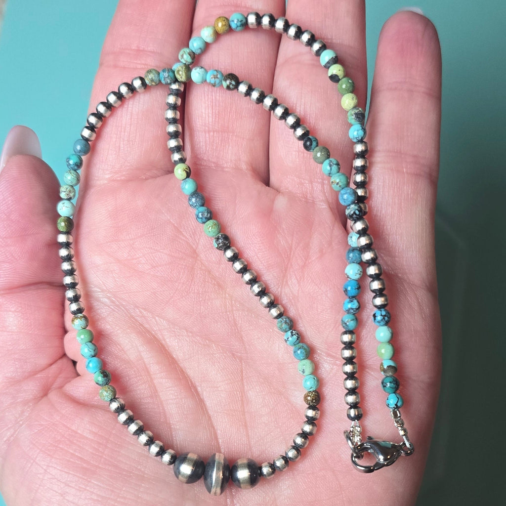 8mm Sterling Saucer, 6mm & 3mm Sterling Pearls & Round Turquoise Necklace